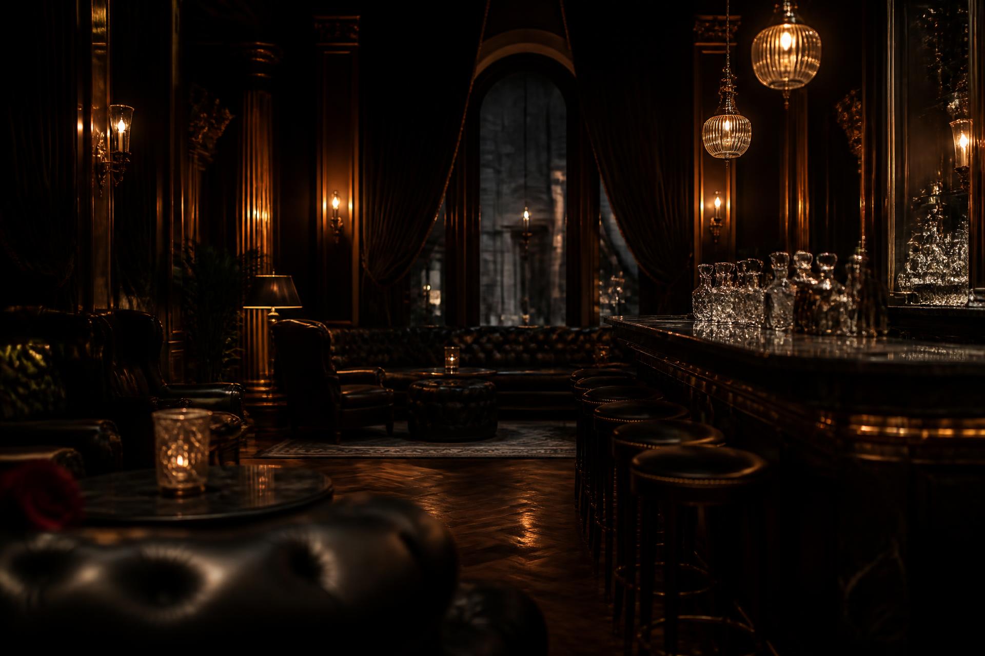 Dimly lit velvet and brass interior of Actress Lounge in Vienna